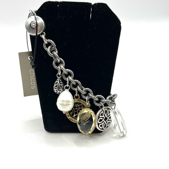 Charm Chicos Silver Bracelet. Big Charms  Pearl, Crystal, Coins Mixed Metals - Picture 2 of 14
